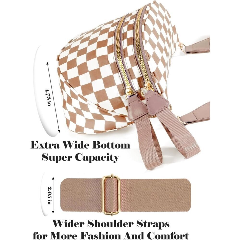 Women Light Brown Imported Polyester Checkered Crossbody Fanny Belt Bum Bag - Picture 4 of 5